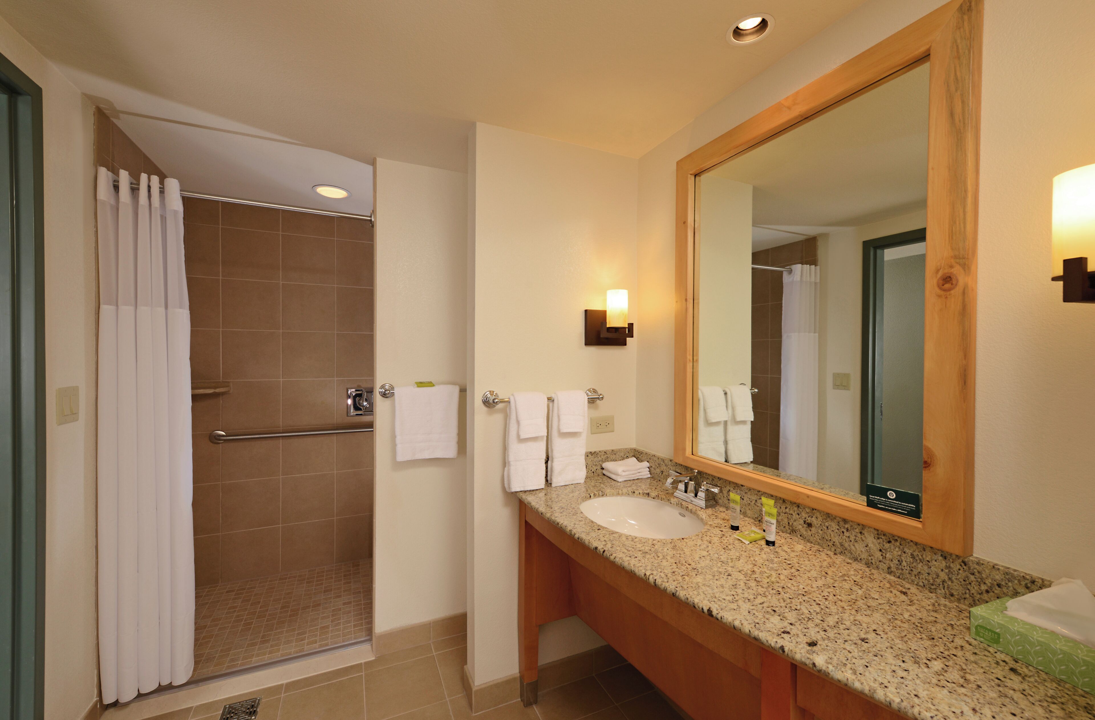 A bathroom with a shower, a sink, and a mirror.