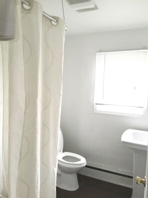 Ein Badezimmer mit Toilette, Fenster und Duschvorhang.