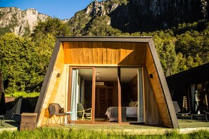 A wooden A-frame cabin with a sliding glass door entrance, a bed, and a seating area with chairs.