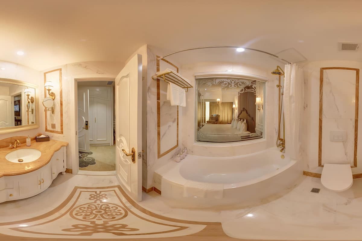 deluxe king room | bathroom | separate bathtub and shower, free toiletries, hair dryer, bathrobes