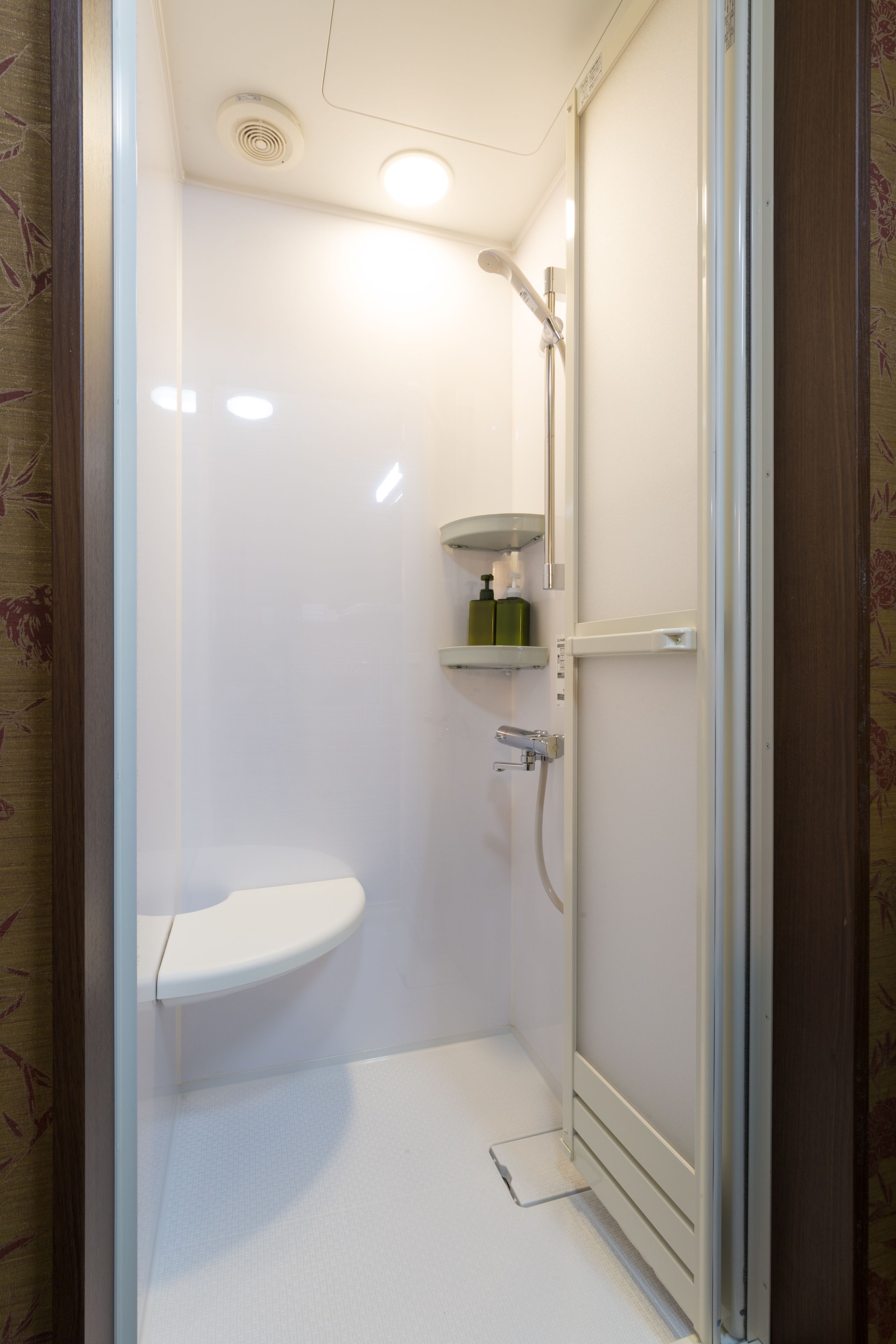 A small, enclosed shower area with a toilet, a shelf with toiletries, and a showerhead.