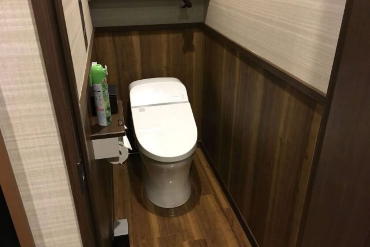 A small, compact bathroom with a wooden floor, a white toilet, and a small shelf with toiletries.