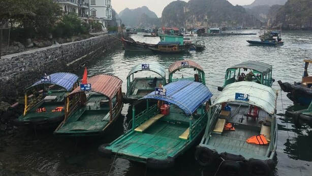 A harbor with several boats docked, a stone wall, and buildings in the background.