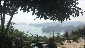A bench overlooking a scenic view of a body of water and distant mountains.