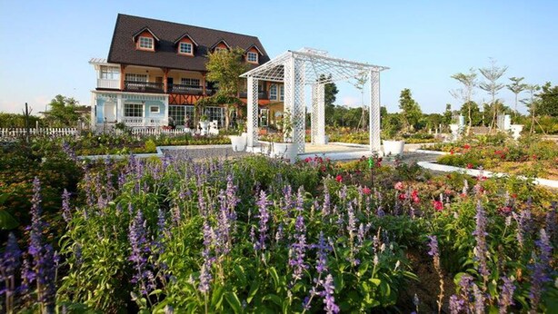 Hotel con jardín que muestra flores moradas y una pérgola blanca.