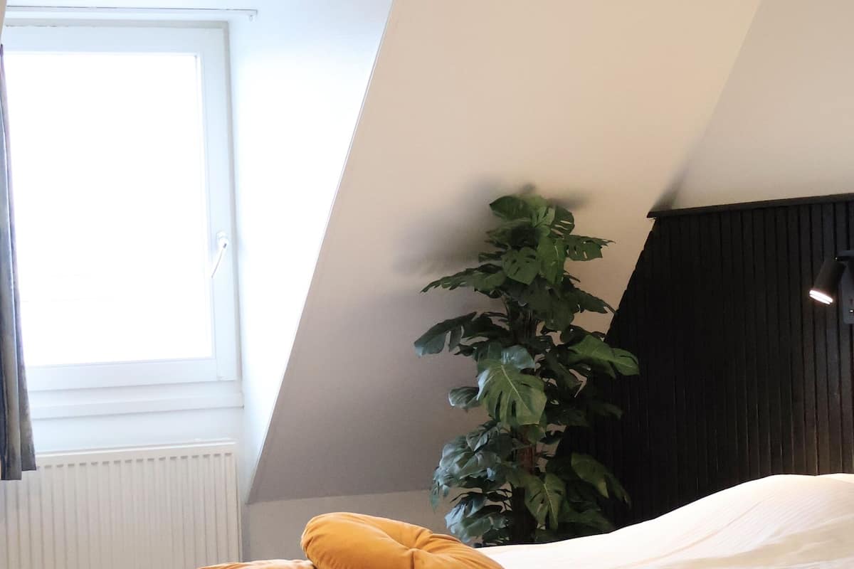 A bedroom with a bed, a window, a plant, and a sloped ceiling.