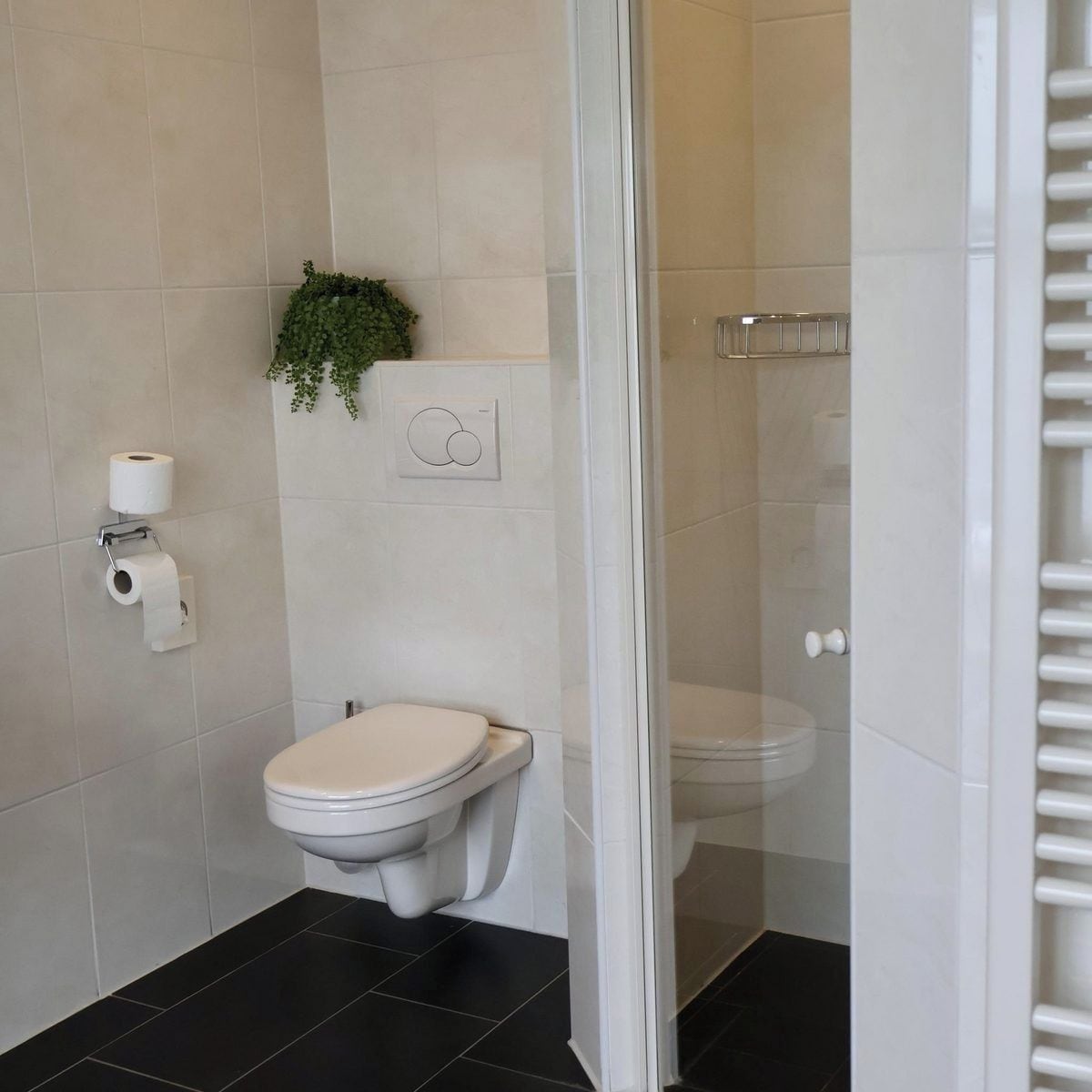 A modern bathroom with a toilet, a glass shower enclosure, and a toilet paper holder on the wall.