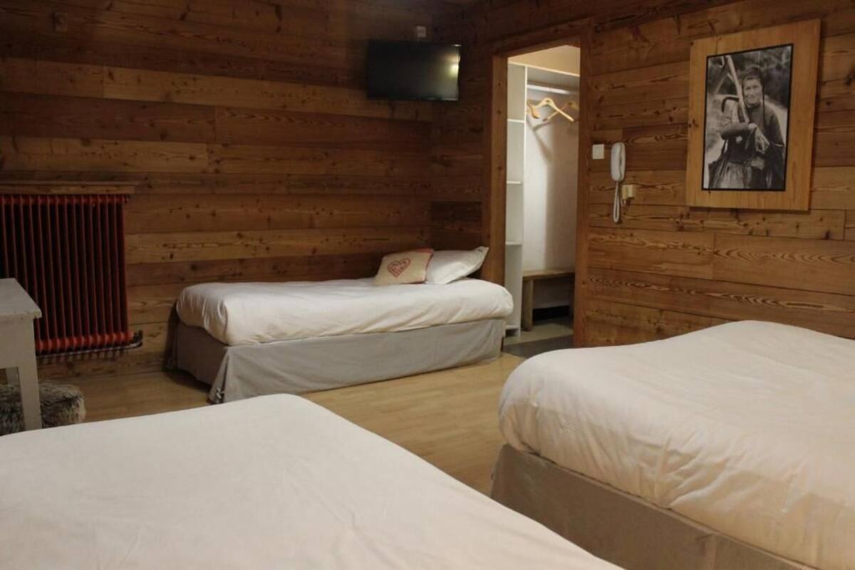 A wooden cabin-style room with two beds, a radiator, a TV mounted on the wall, and a framed picture.