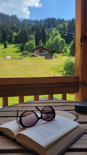 A wooden deck with a book and sunglasses, overlooking a rural landscape with a house and forest. - Logis HOTEL Restaurant U'FREDY (La Clusaz)