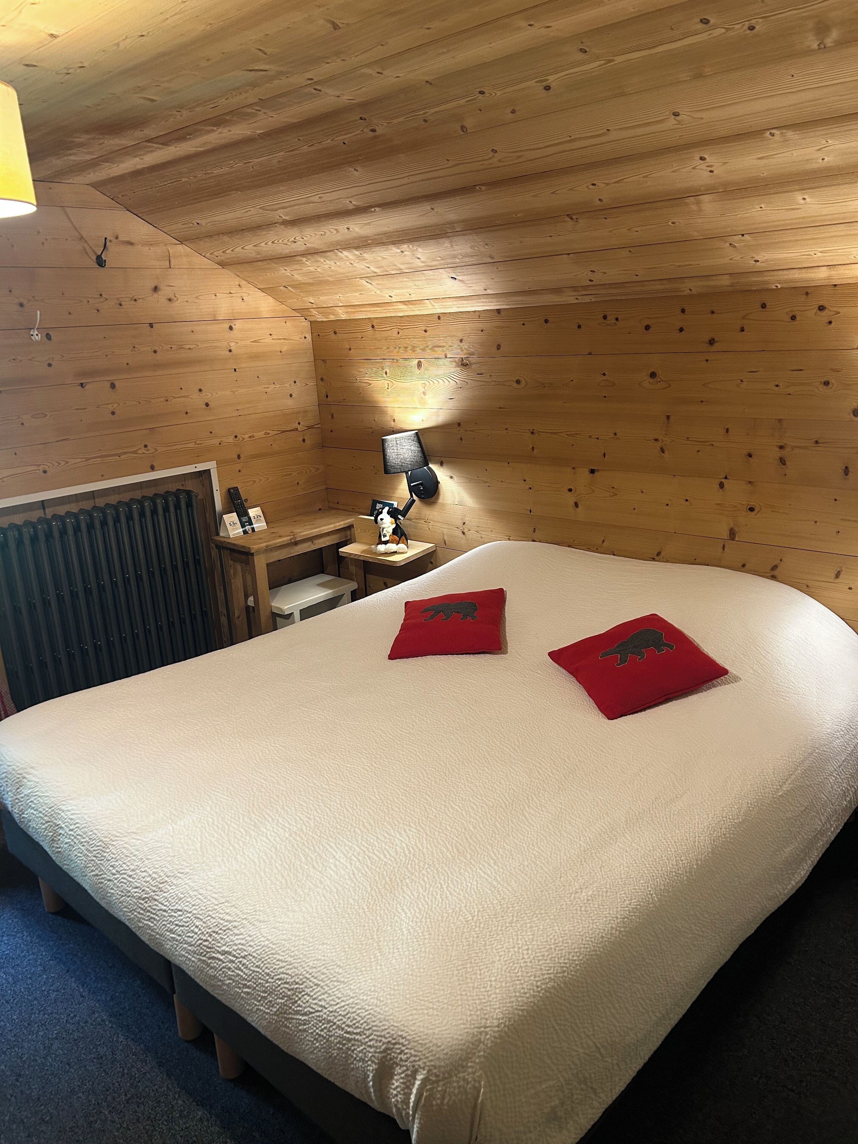 Ein Zimmer mit einem Bett, zwei Kissen mit Tiermotiven, einem Nachttisch mit Lampe und einer Heizung.