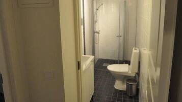 A narrow hallway leading to a bathroom with a toilet, shower, and a small trash bin.