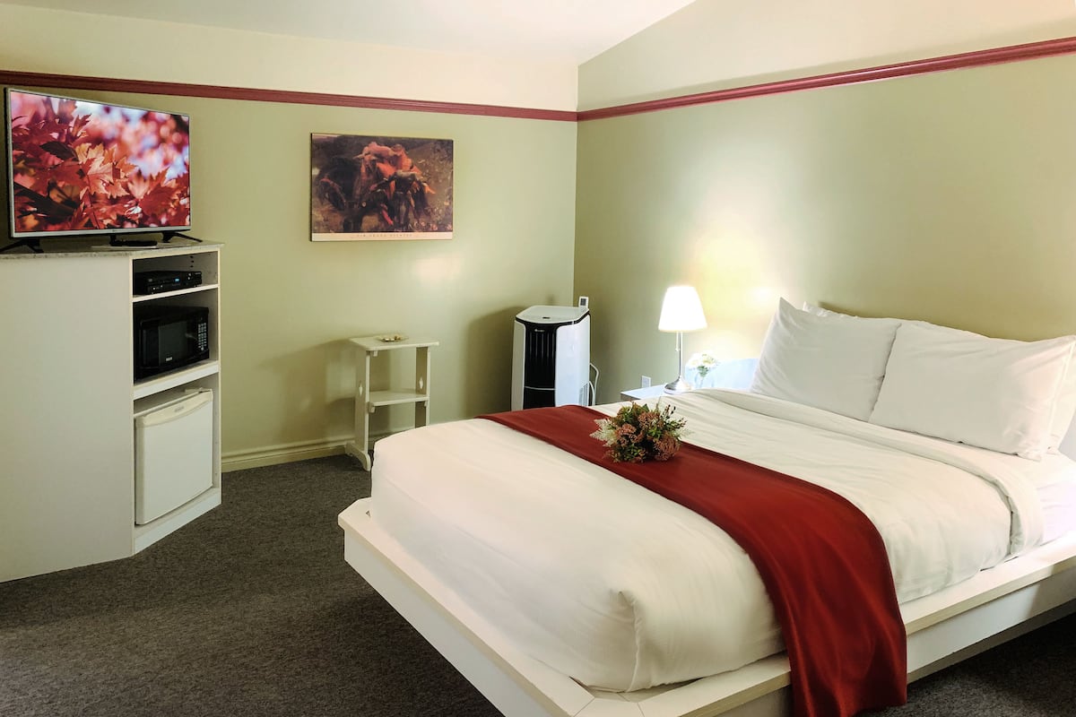 Habitación de hotel con cama, televisión, microondas, una mesita y una lámpara.