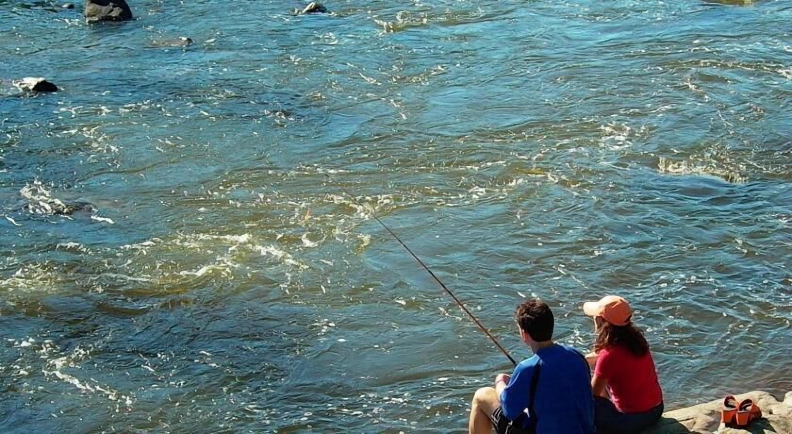 Two people fishing by a river.