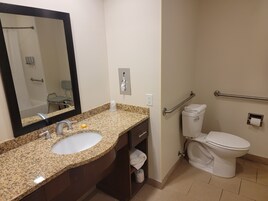 Un baño con lavamanos de granito, un espejo, un inodoro y una barra de apoyo.