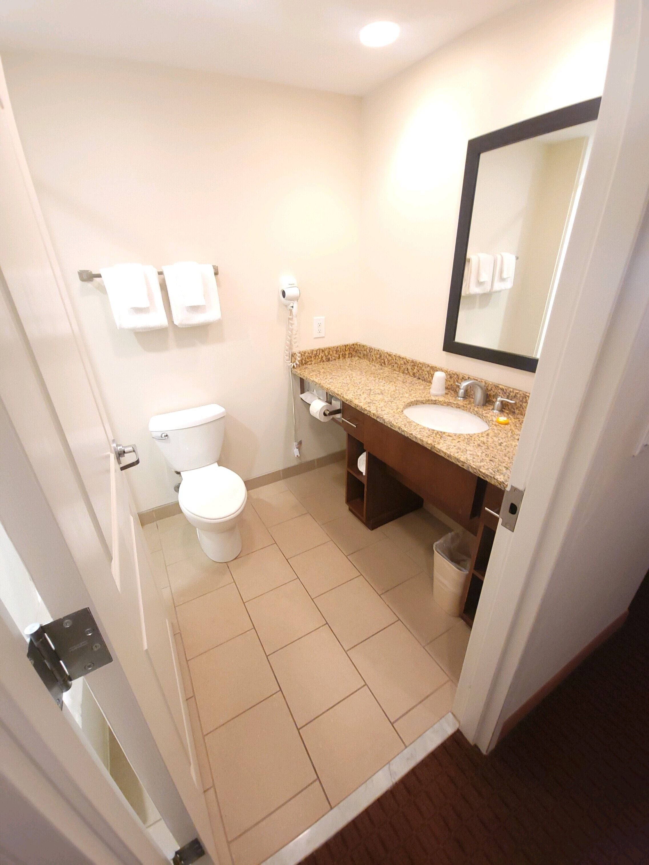 1 king bed | bathroom | combined shower/bathtub, free toiletries, hair dryer, towels