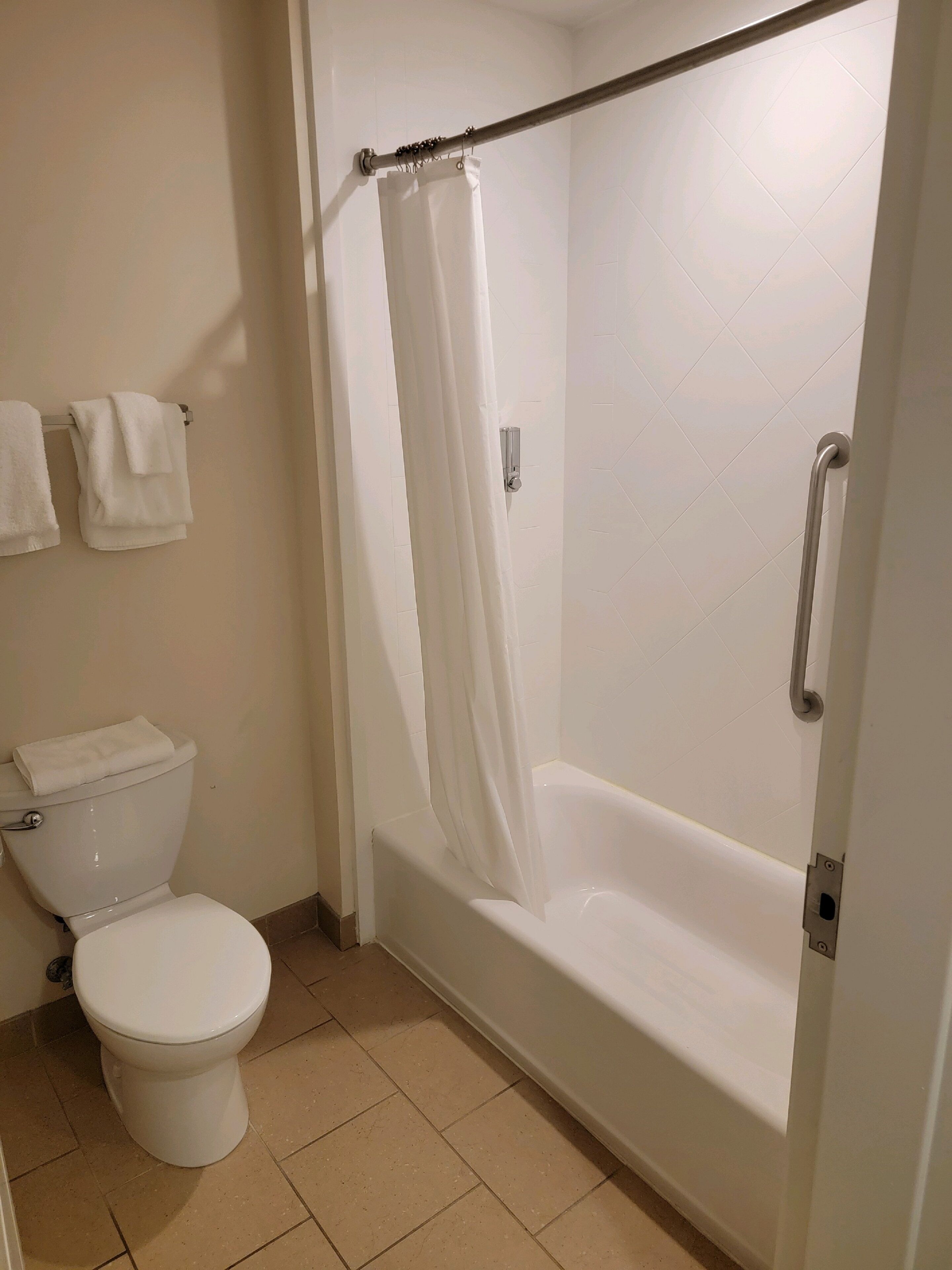 Een badkamer met toilet, bad en douchegordijn.