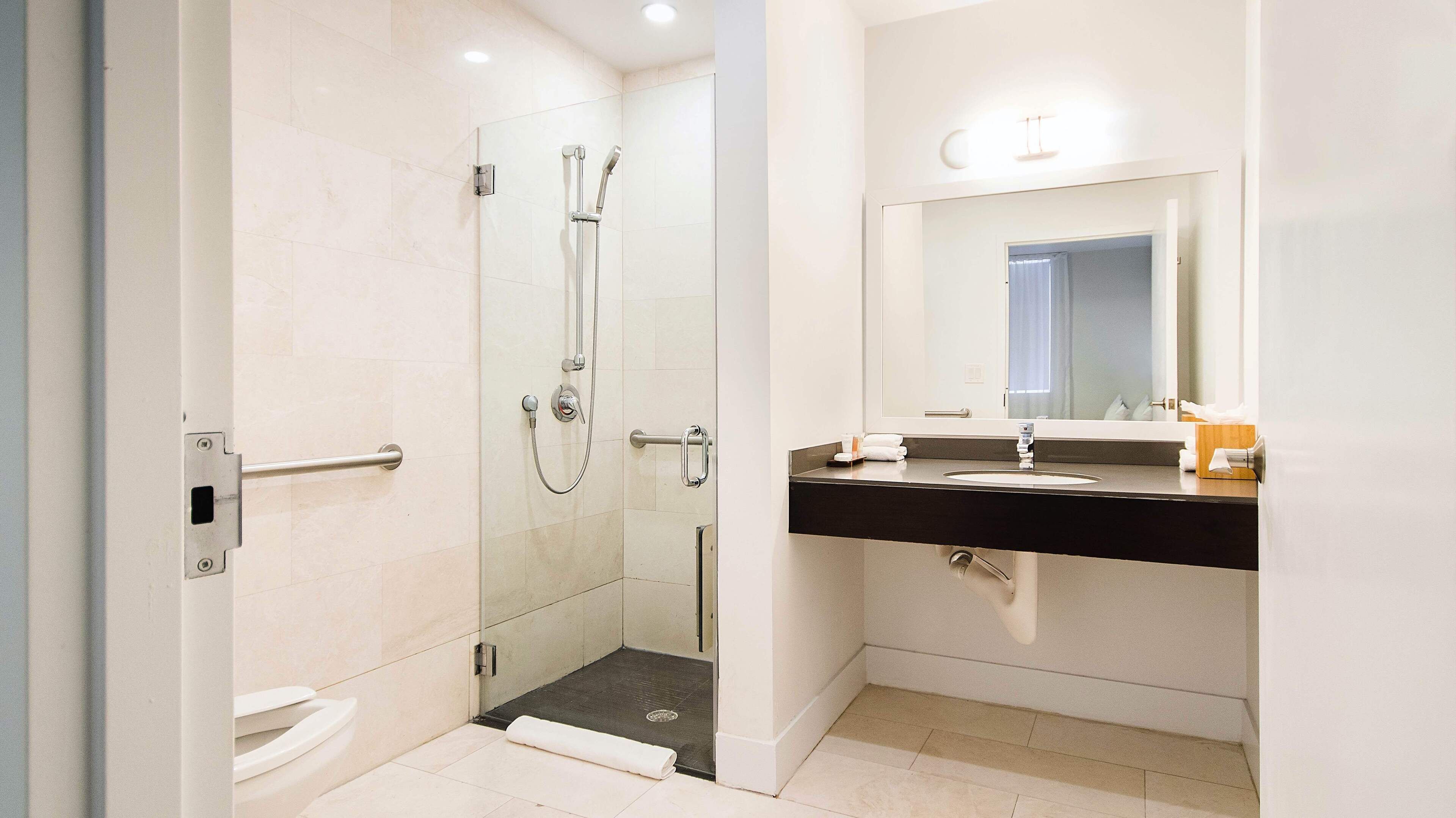 standard double room, 2 queen beds, accessible | bathroom | shower, free toiletries, hair dryer, towels