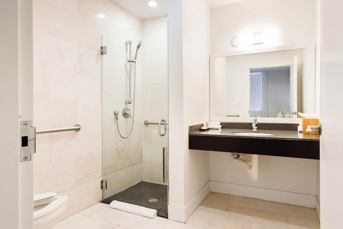 standard double room, 2 queen beds, accessible | bathroom | shower, free toiletries, hair dryer, towels