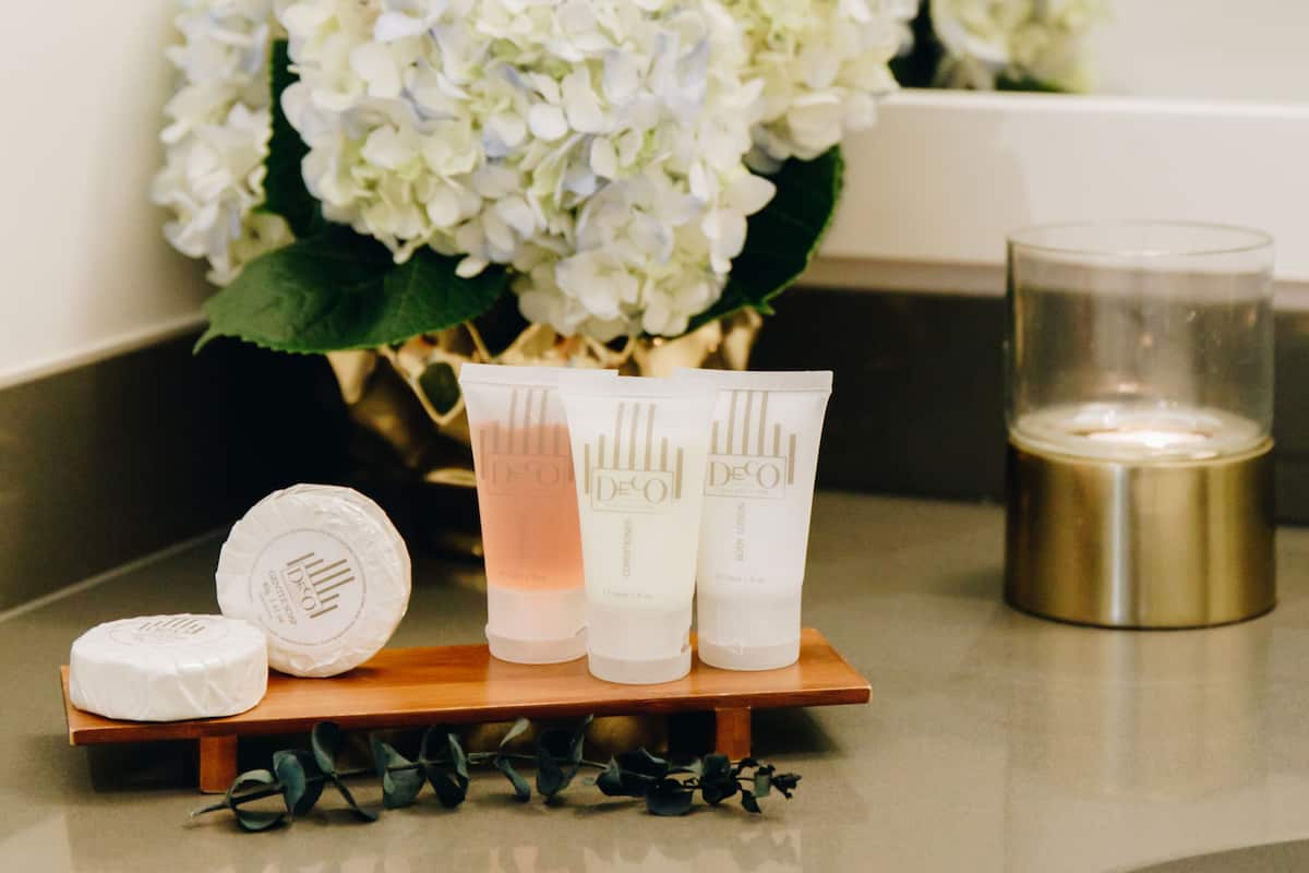 shower, free toiletries, hair dryer, towels