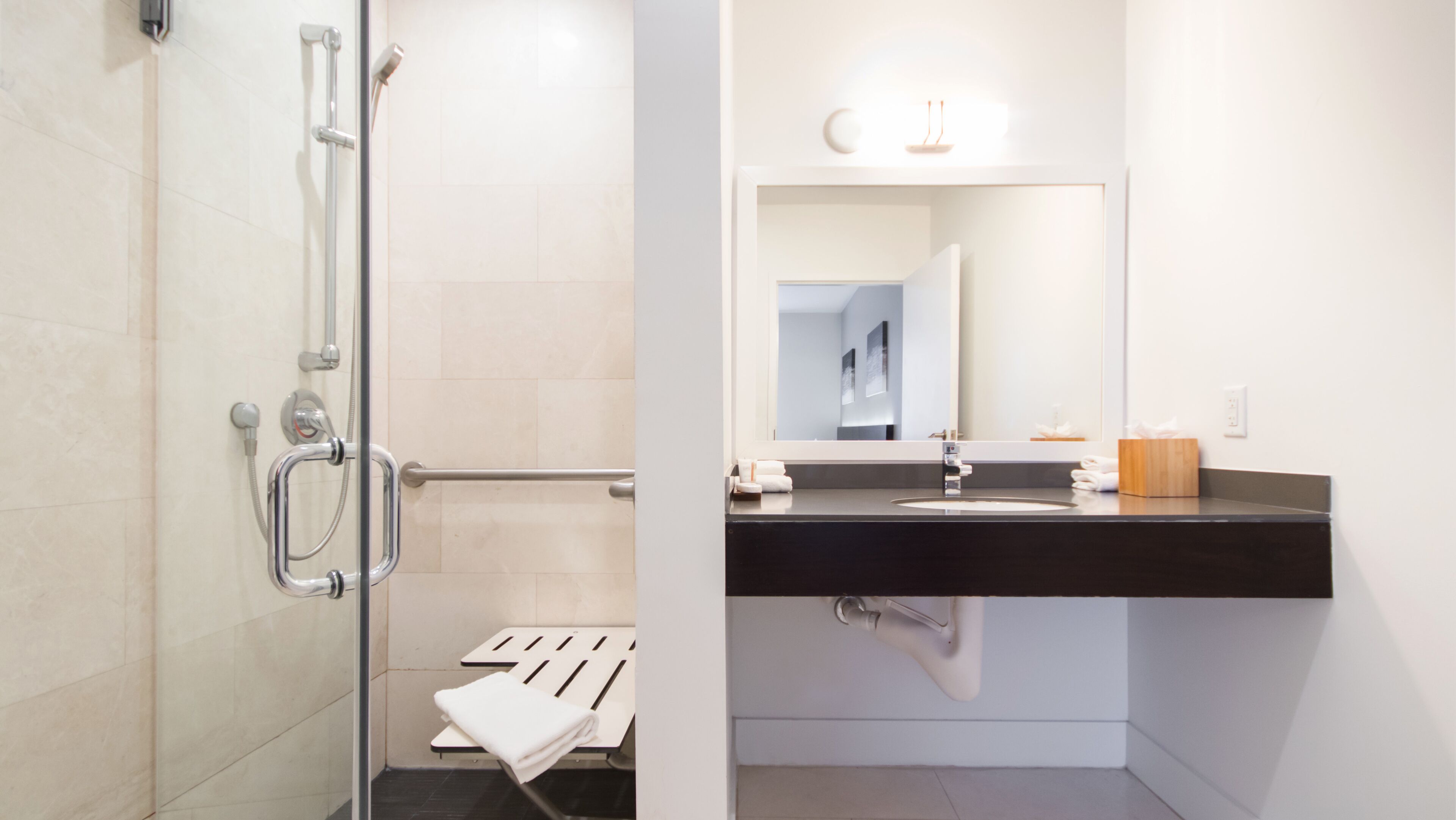 standard double room, 2 queen beds, accessible | bathroom shower