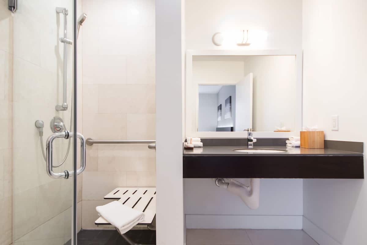 standard double room, 2 queen beds, accessible | bathroom shower