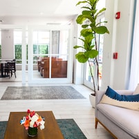 Una sala moderna con un sofá, una mesita de centro con flores, una planta en maceta y vistas al área de comedor a través de puertas de vidrio.
