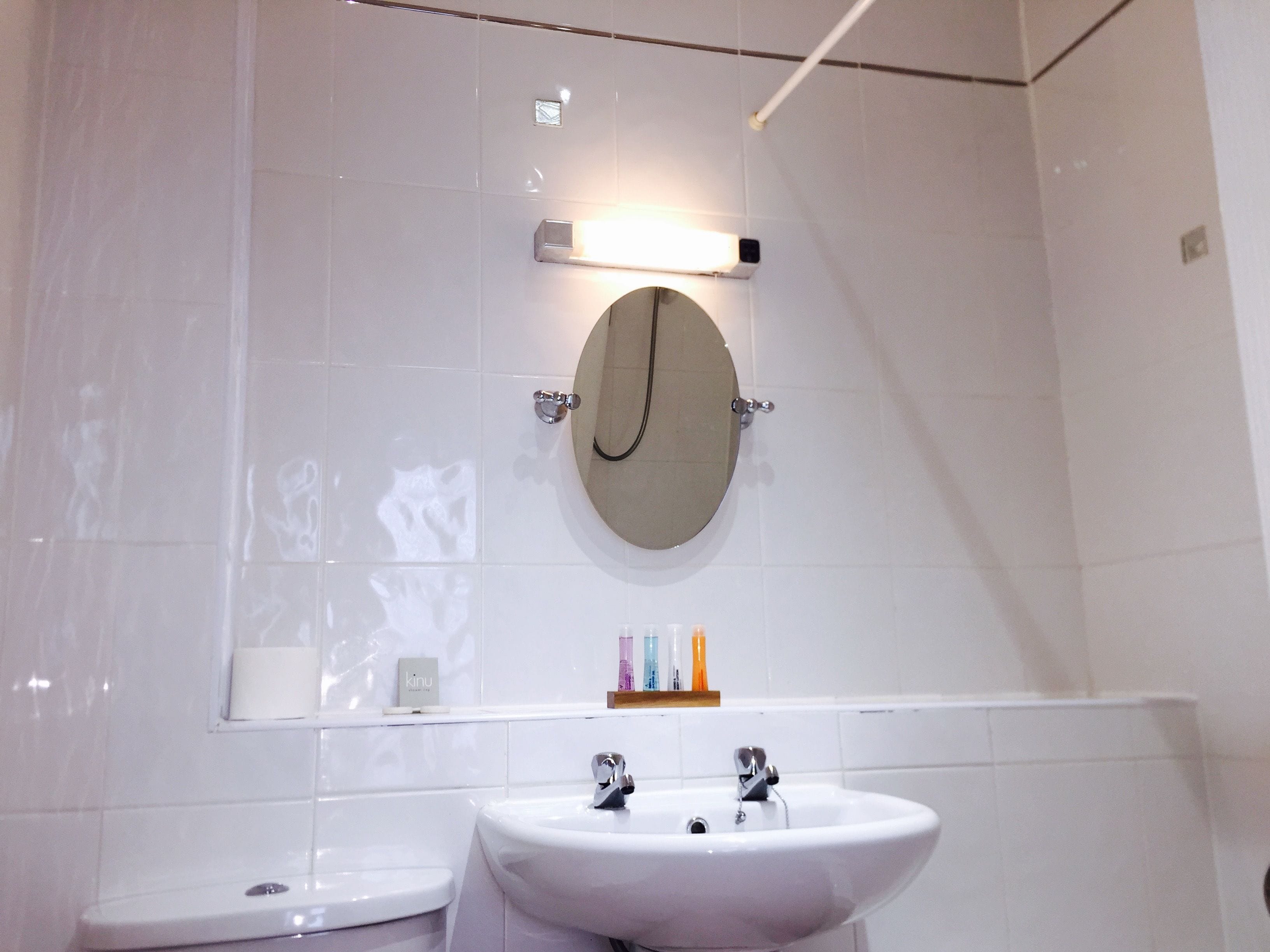 combined shower/bathtub, free toiletries, hair dryer, towels