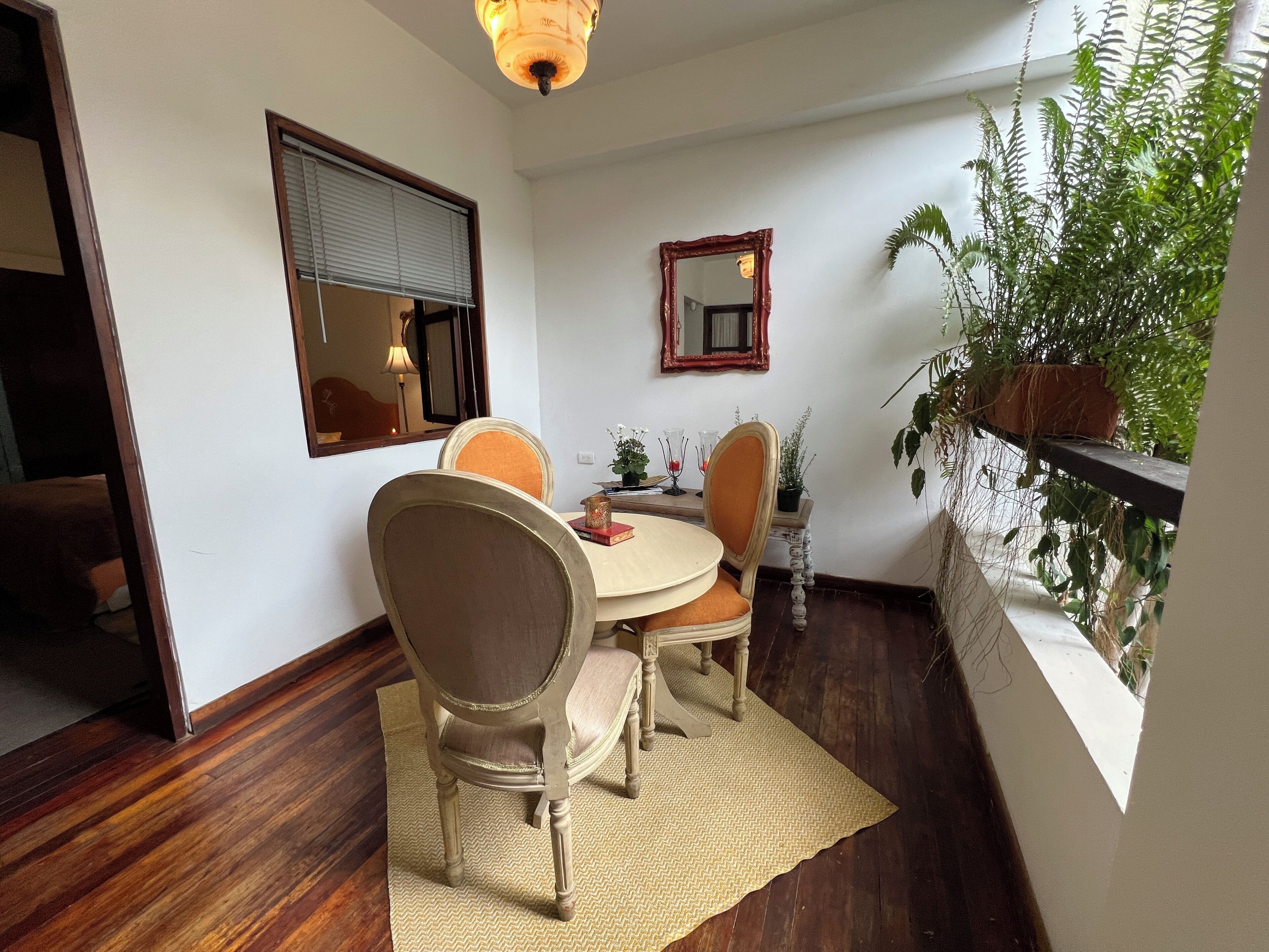 Un comedor con una mesa redonda, dos sillas, un espejo, una ventana con persianas y una planta en maceta.