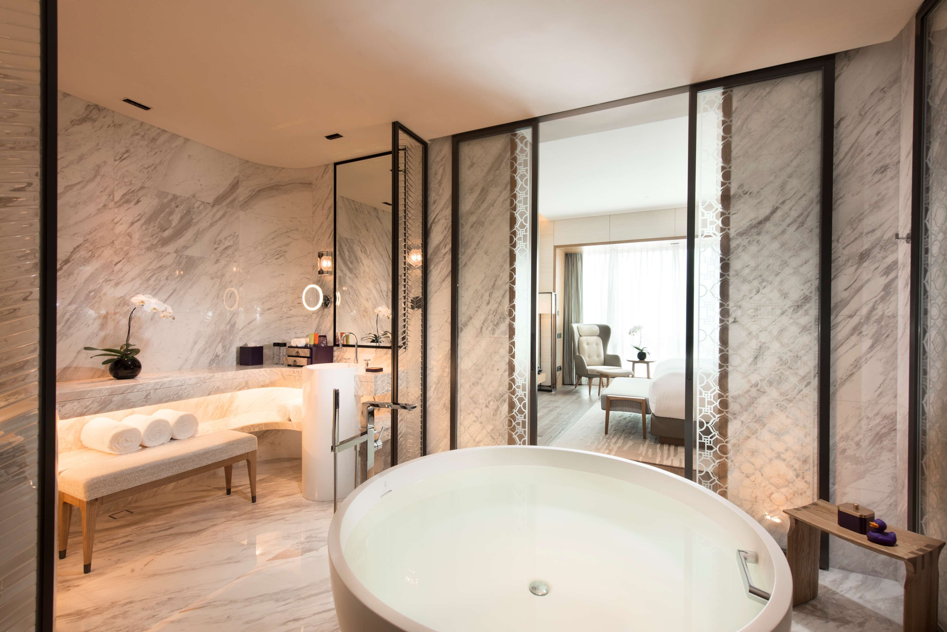 king premier suite canton tower river view | bathroom | separate bathtub and shower, hair dryer, bathrobes, slippers