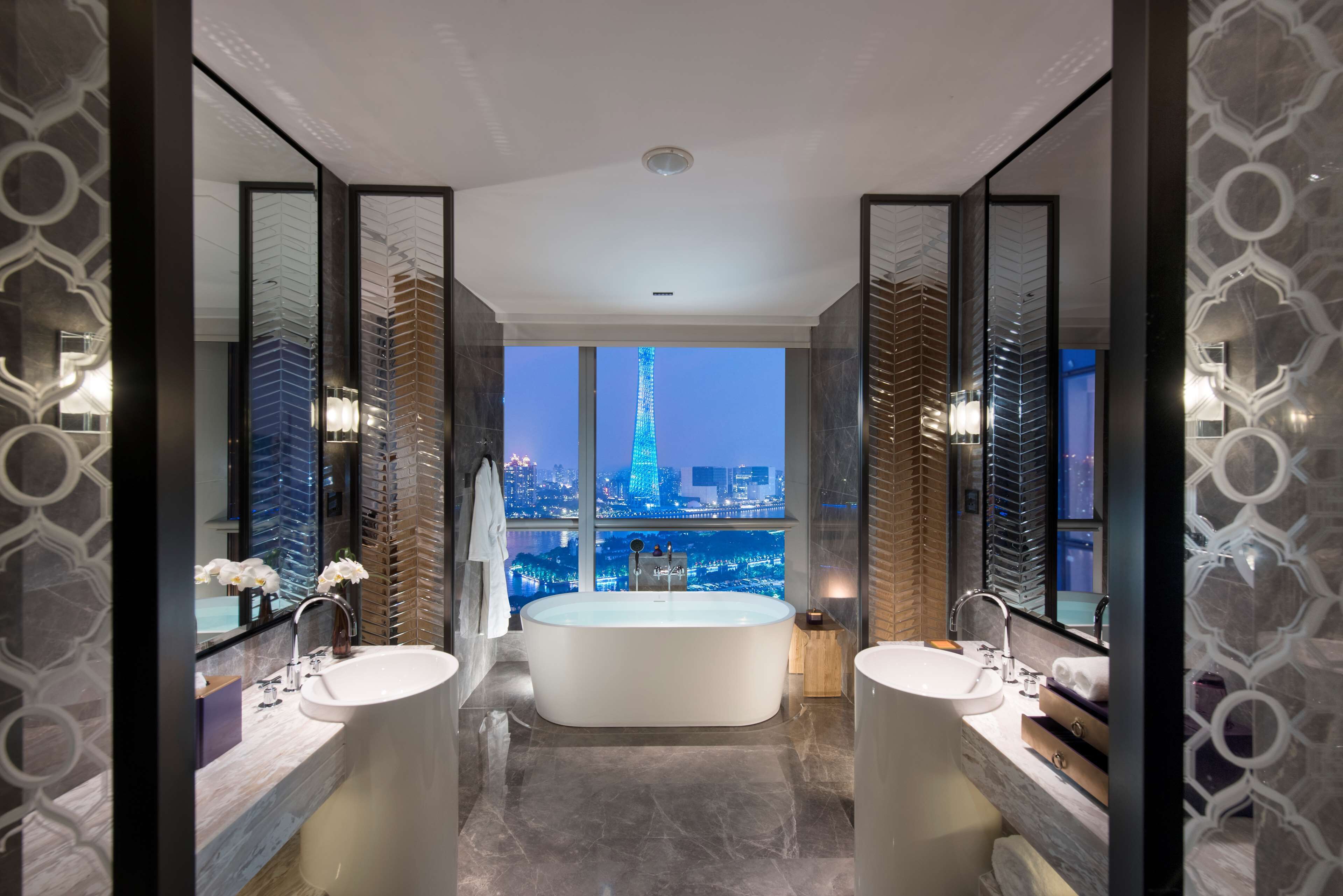 king panoramic room canton tower river view | bathroom | separate bathtub and shower, hair dryer, bathrobes, slippers