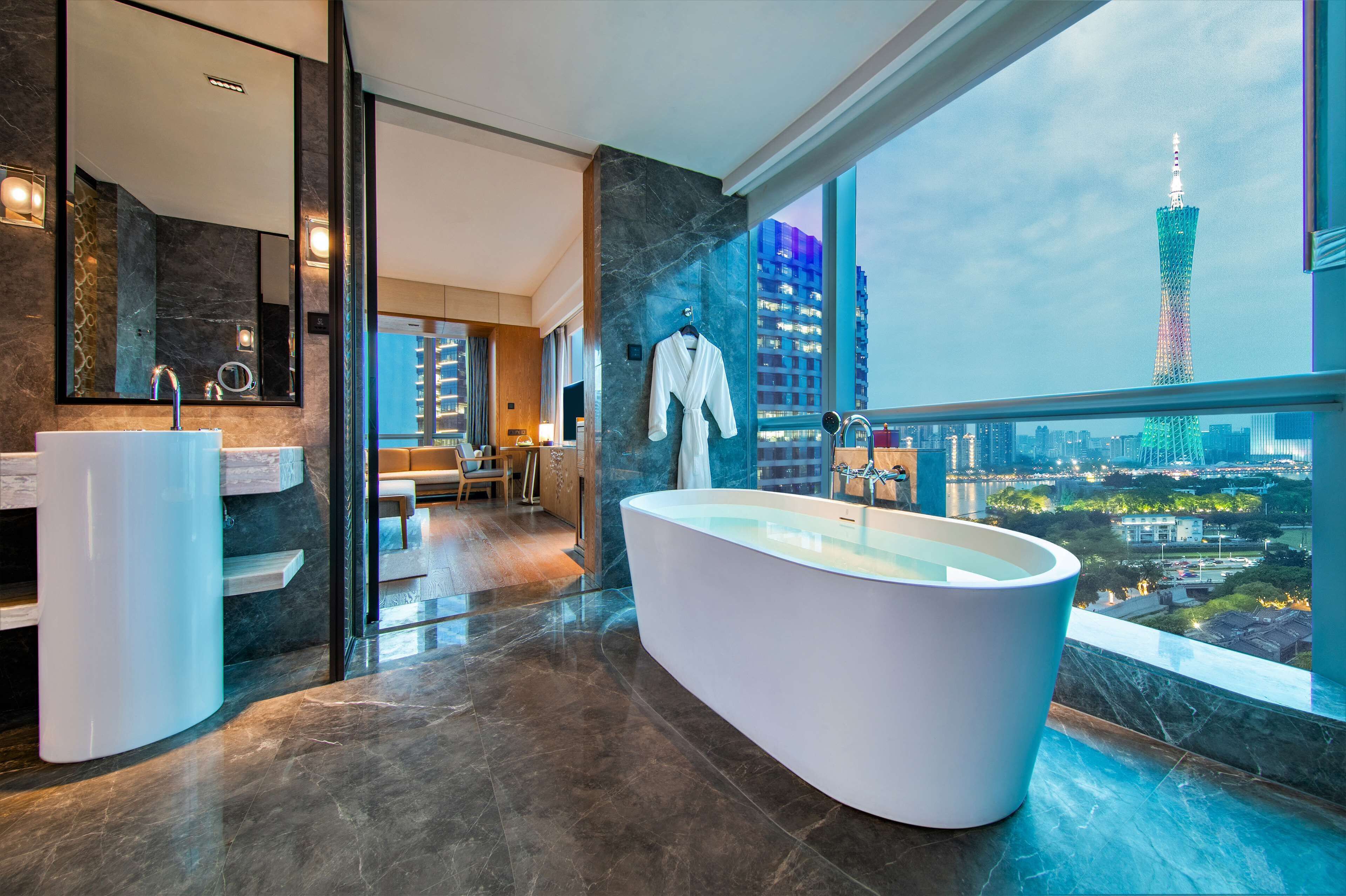 king panoramic room canton tower river view | bathroom | separate bathtub and shower, hair dryer, bathrobes, slippers
