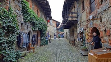 A cobblestone street lined with historic stone buildings, some with ivy, and a few people in the distance.