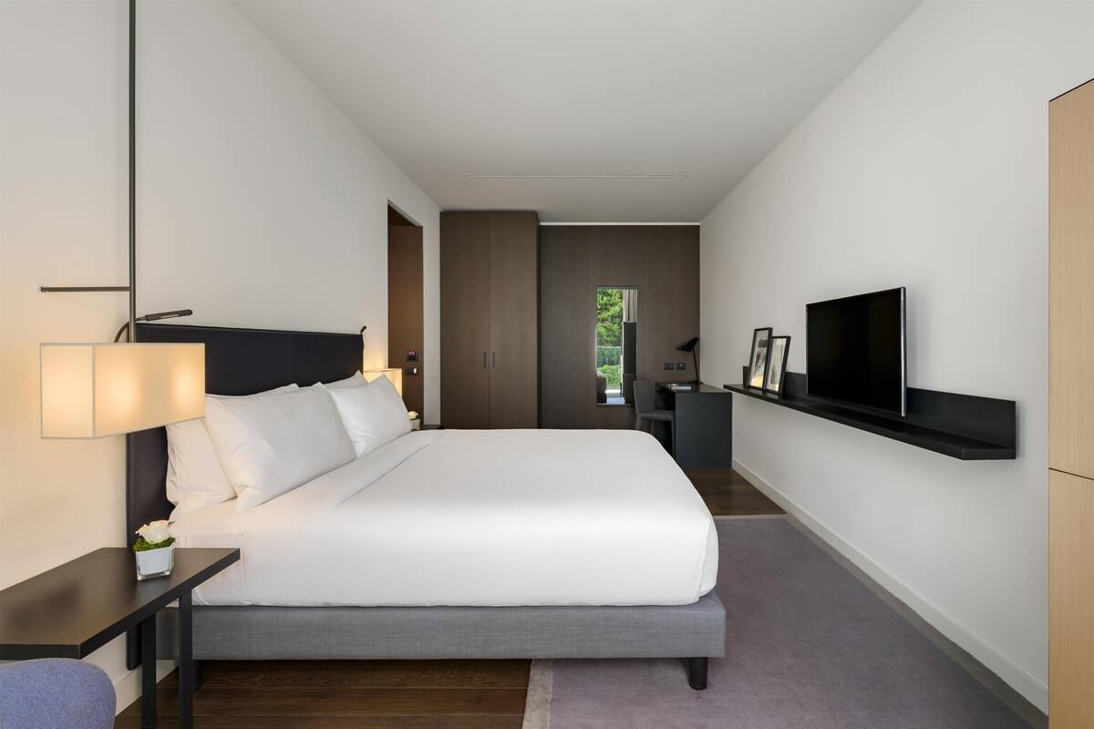 Une chambre d’hôtel moderne, équipée d’un lit, d’une table de chevet, d’une lampe, d’une télévision et offrant une vue sur la verdure environnante.