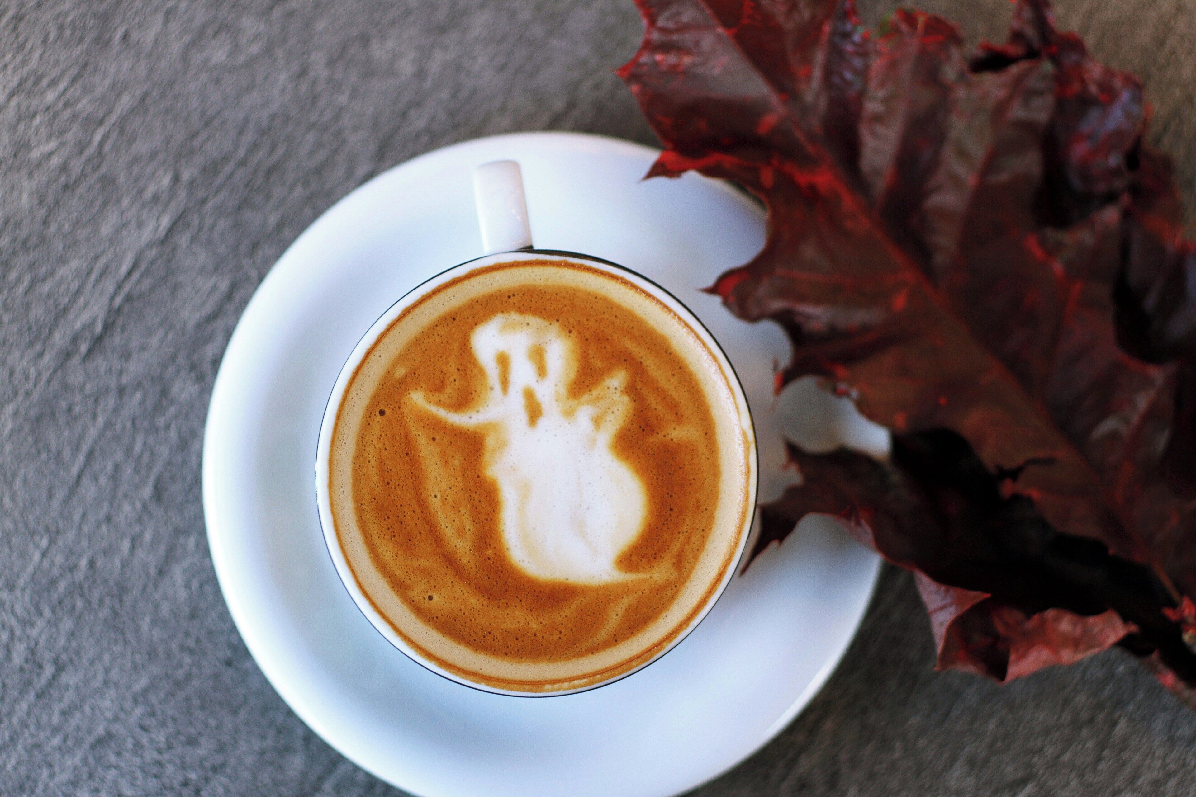 A cup of coffee with latte art on a white saucer, placed on a table with a red leaf beside it.