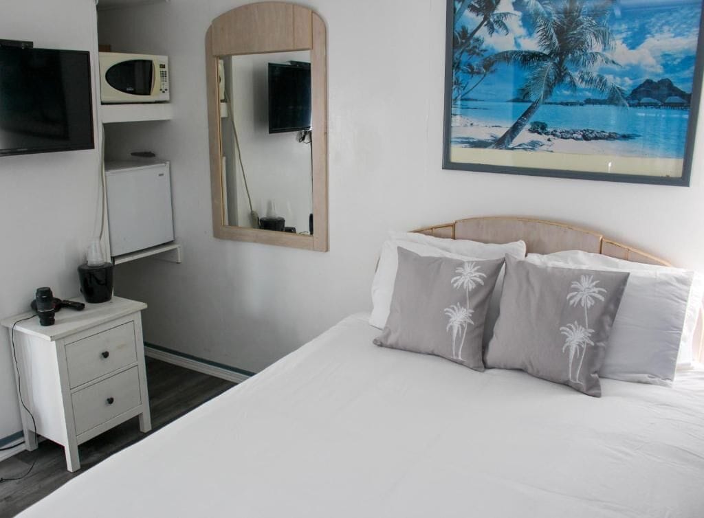 A bedroom with a bed, a nightstand, a microwave, a TV, and a painting of a beach scene.