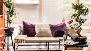 A modern living room with a sofa, cushions, a coffee table, and potted plants.