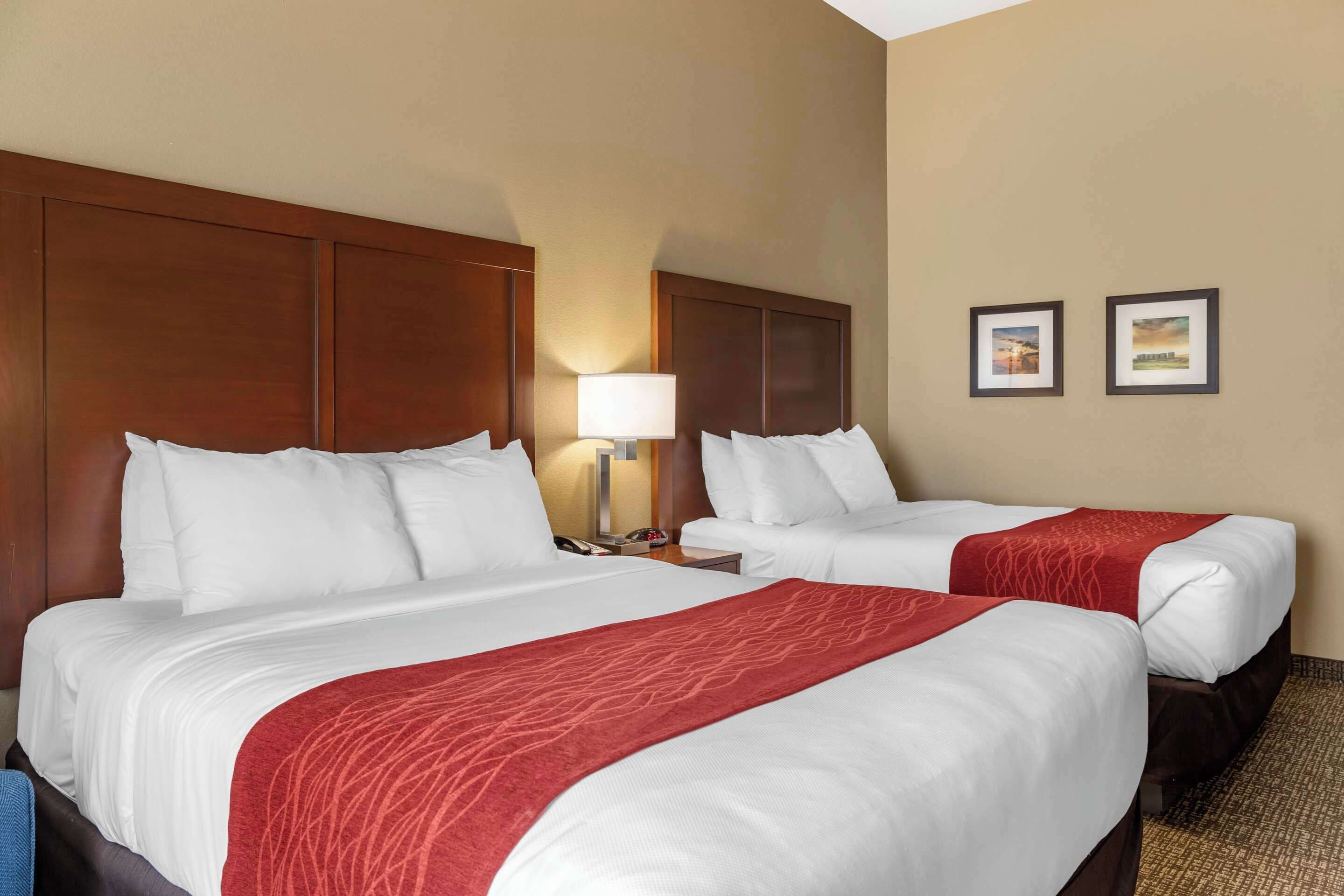 A hotel room with two beds, a nightstand, a lamp, and two framed pictures on the wall.