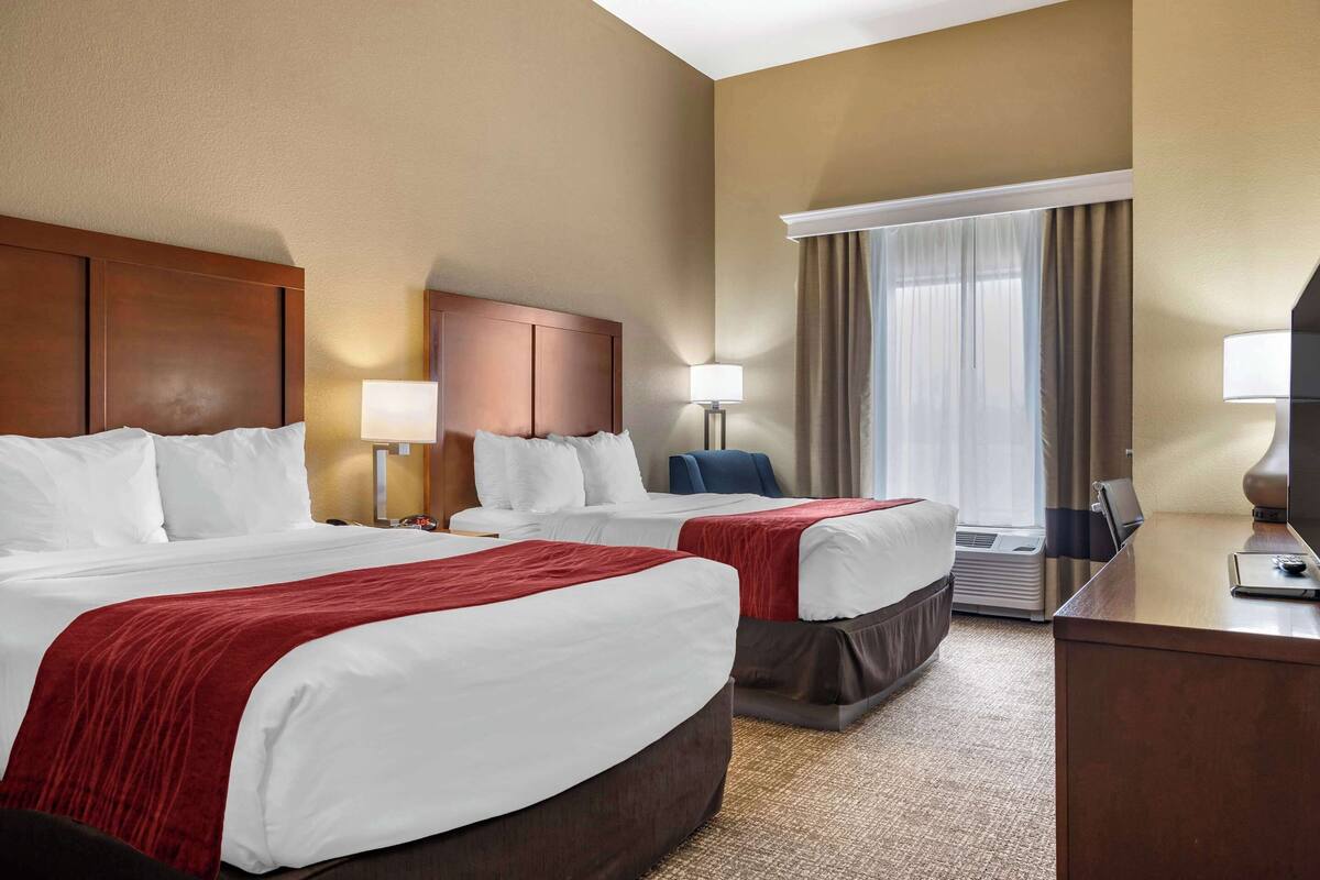 premium bedding, desk, blackout curtains, iron/ironing board