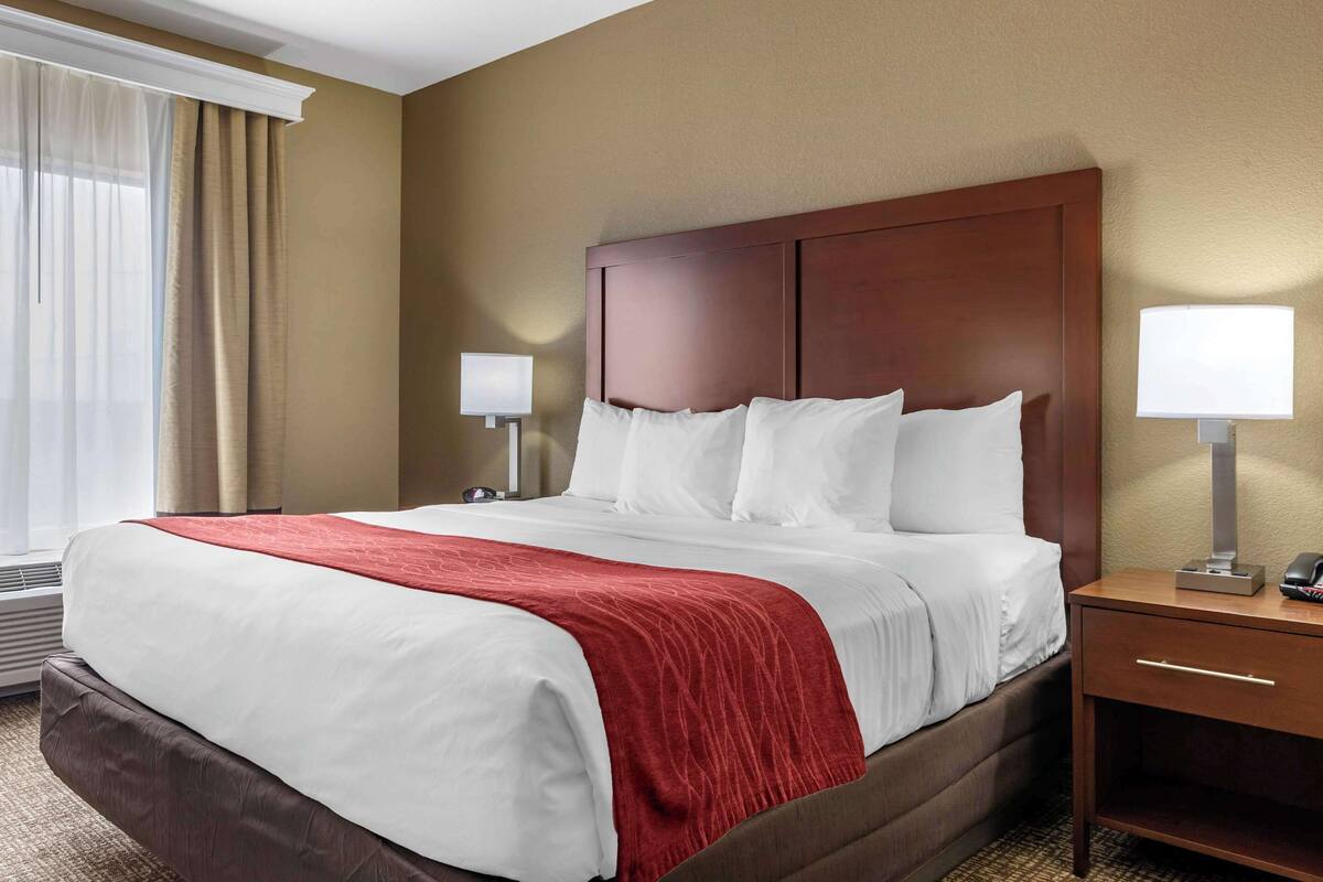 Quarto de hotel com uma cama grande, cabeceira de madeira, mesa de cabeceira com abajur e janela com cortinas.