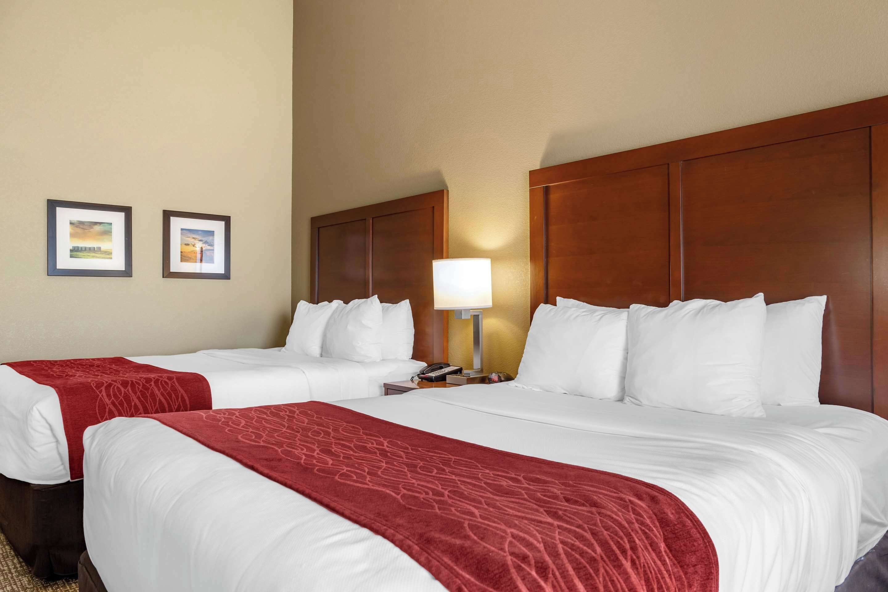 Habitación de hotel con dos camas, cada una con ropa blanca y mantas rojas. Tiene un cabecero de madera, una mesita de noche con lámpara y dos cuadros enmarcados en la pared.