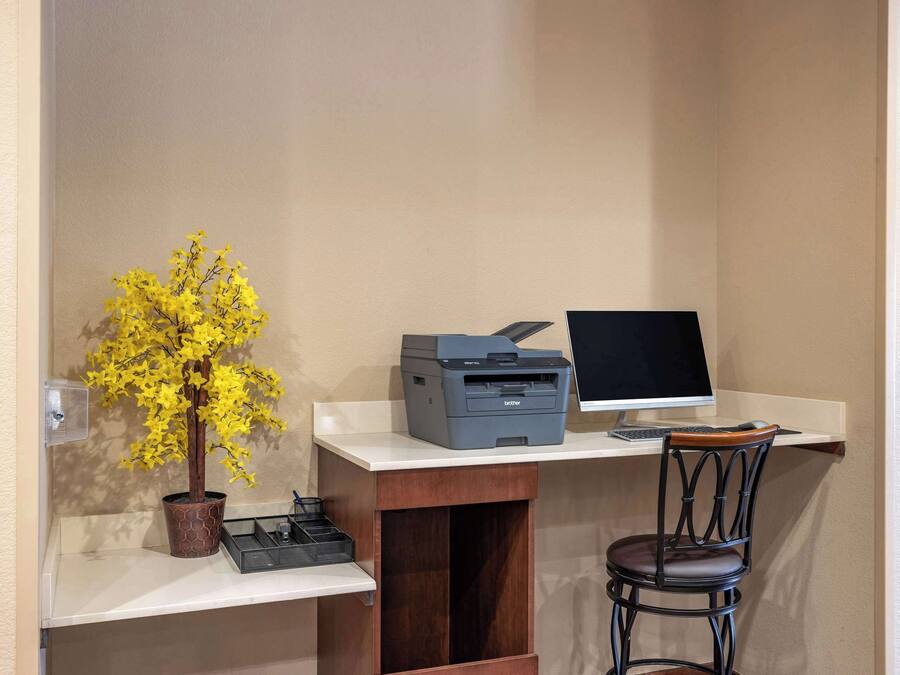 A small office space with a desk, a printer, a computer monitor, a chair, and a potted plant.