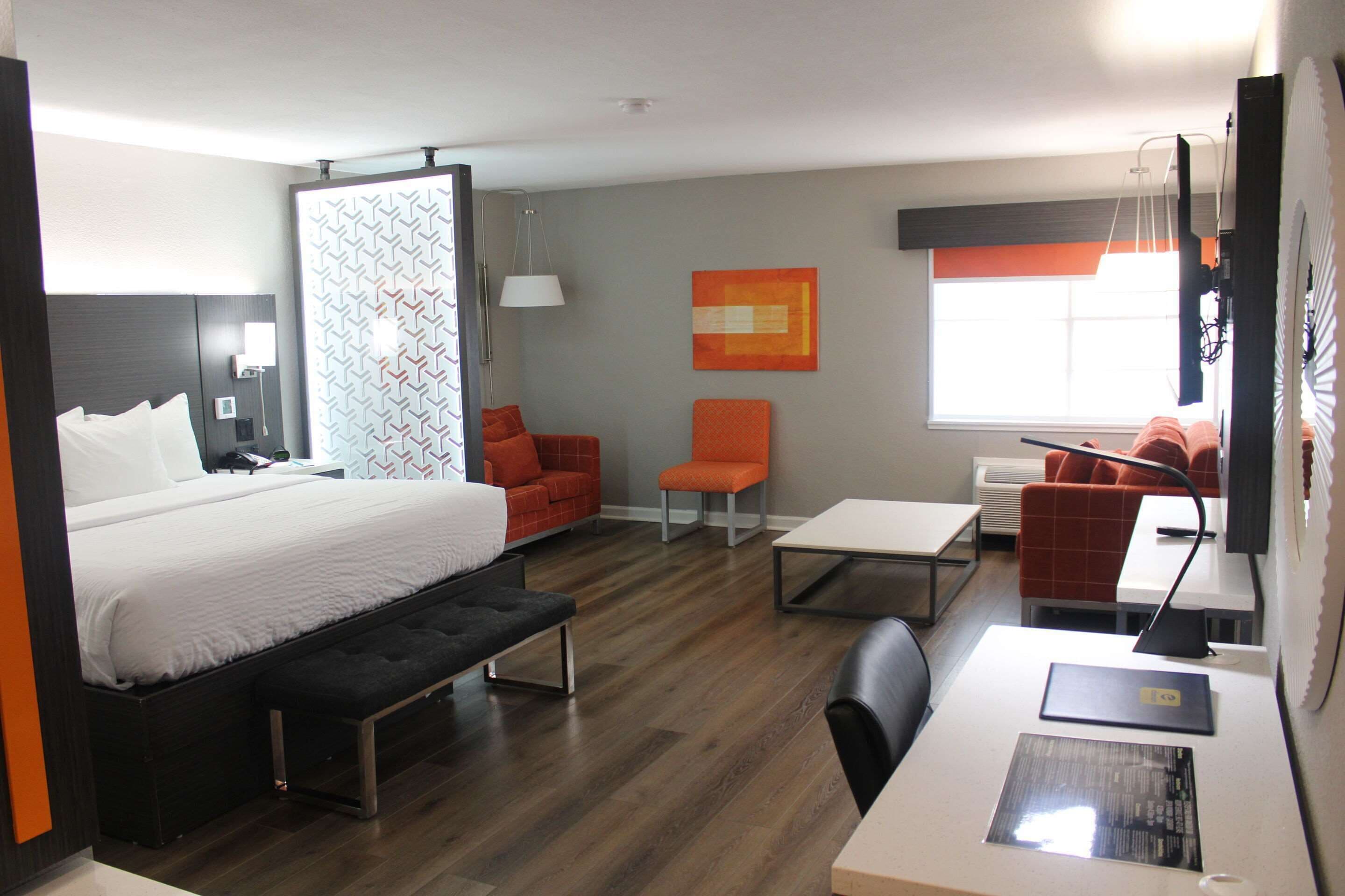 desk, laptop workspace, blackout curtains, iron/ironing board