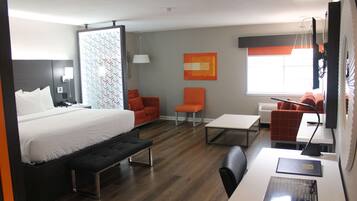 Desk, laptop workspace, blackout drapes, iron/ironing board