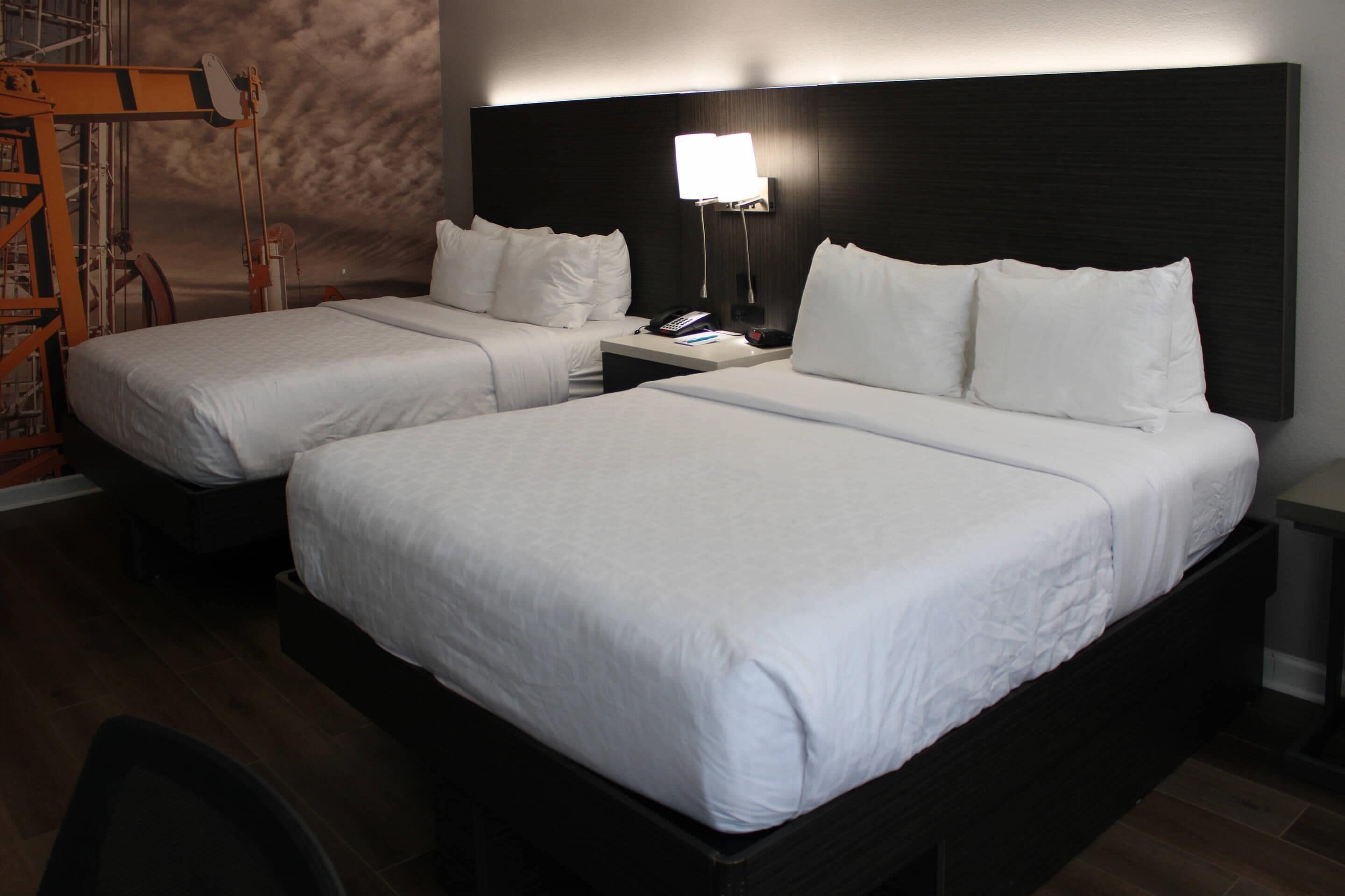 Una habitación de hotel con dos camas individuales, un escritorio con lámpara y una silla.
