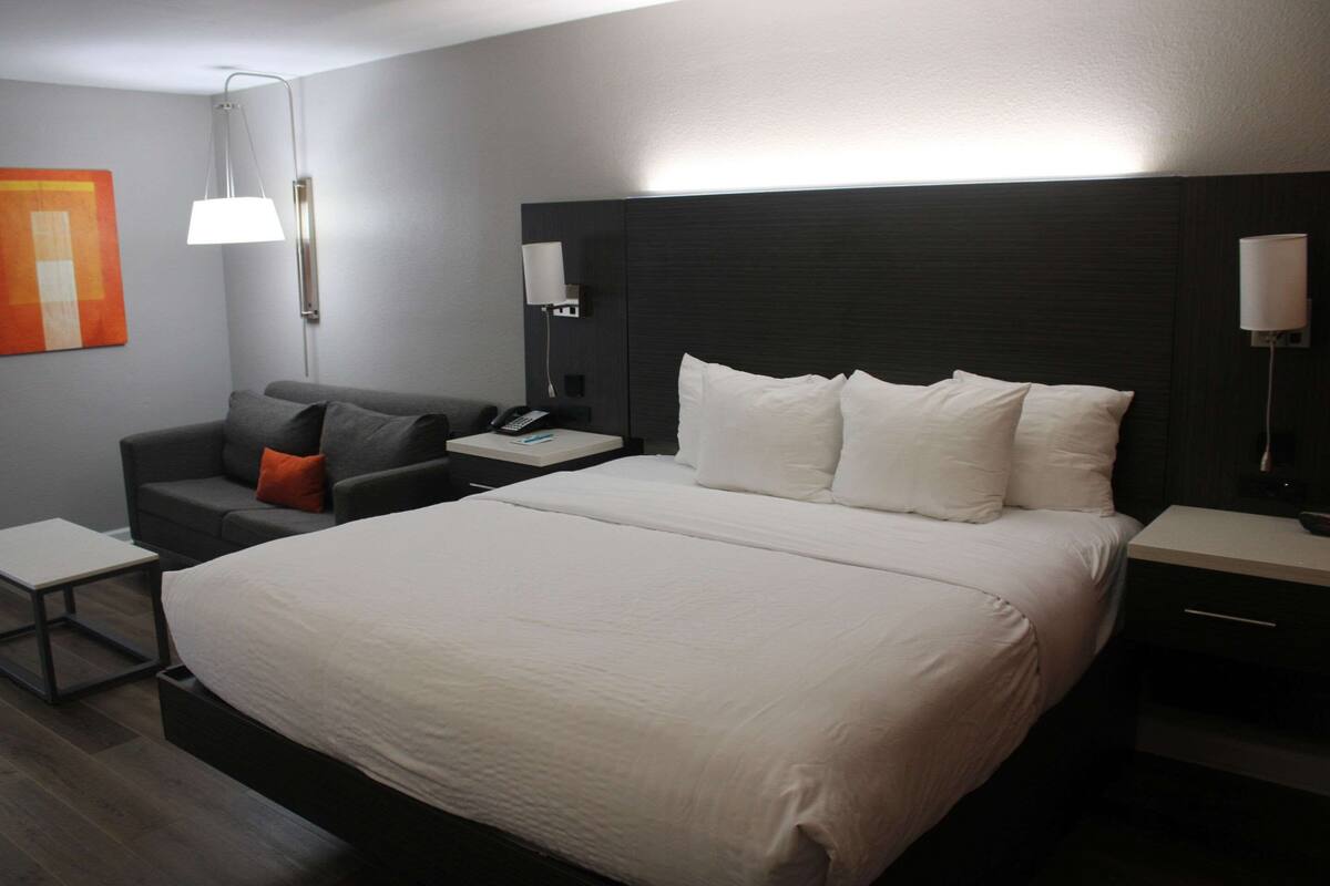 A modern hotel room with a large bed, a grey sofa, a small table, and a nightstand with a lamp.