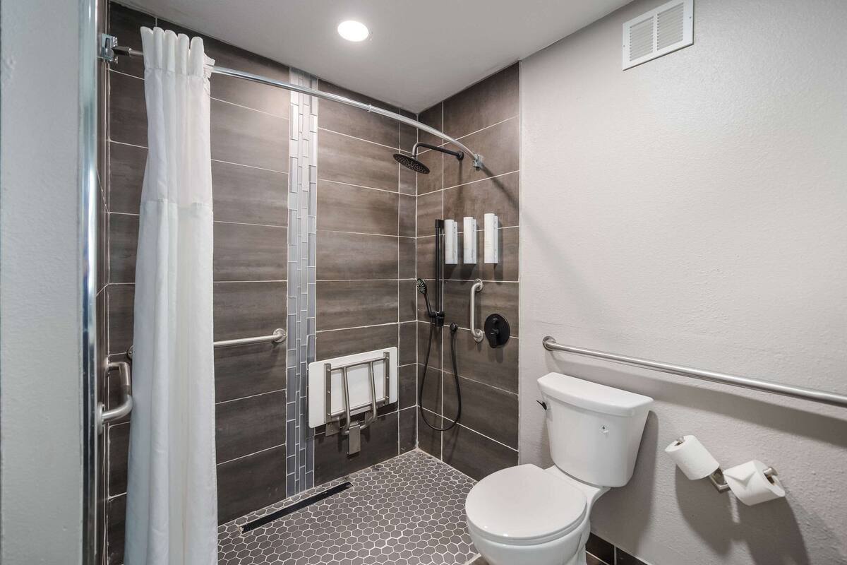 A modern bathroom with a shower, toilet, and handrails.