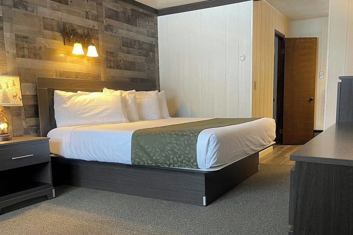 A hotel room with a bed, bedside tables, a dresser, and a wooden accent wall.