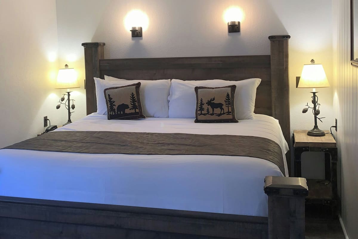 A neatly made bed with a wooden headboard, two bedside lamps, and two decorative pillows with animal designs.