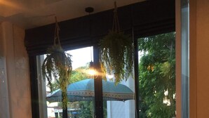 Een eethoek met een tafel en stoelen, een hangende plant en uitzicht op buiten.