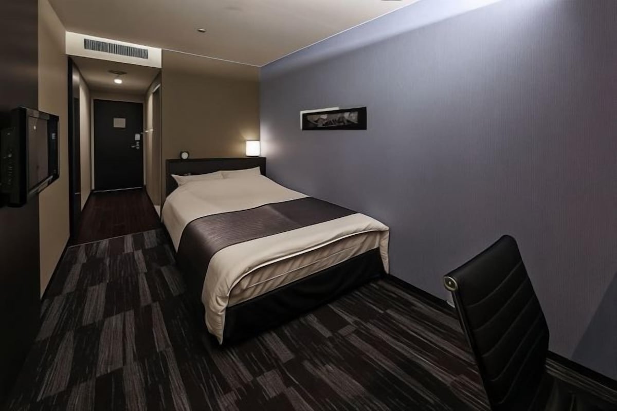 A hotel room with a bed, a chair, a desk, and a television.